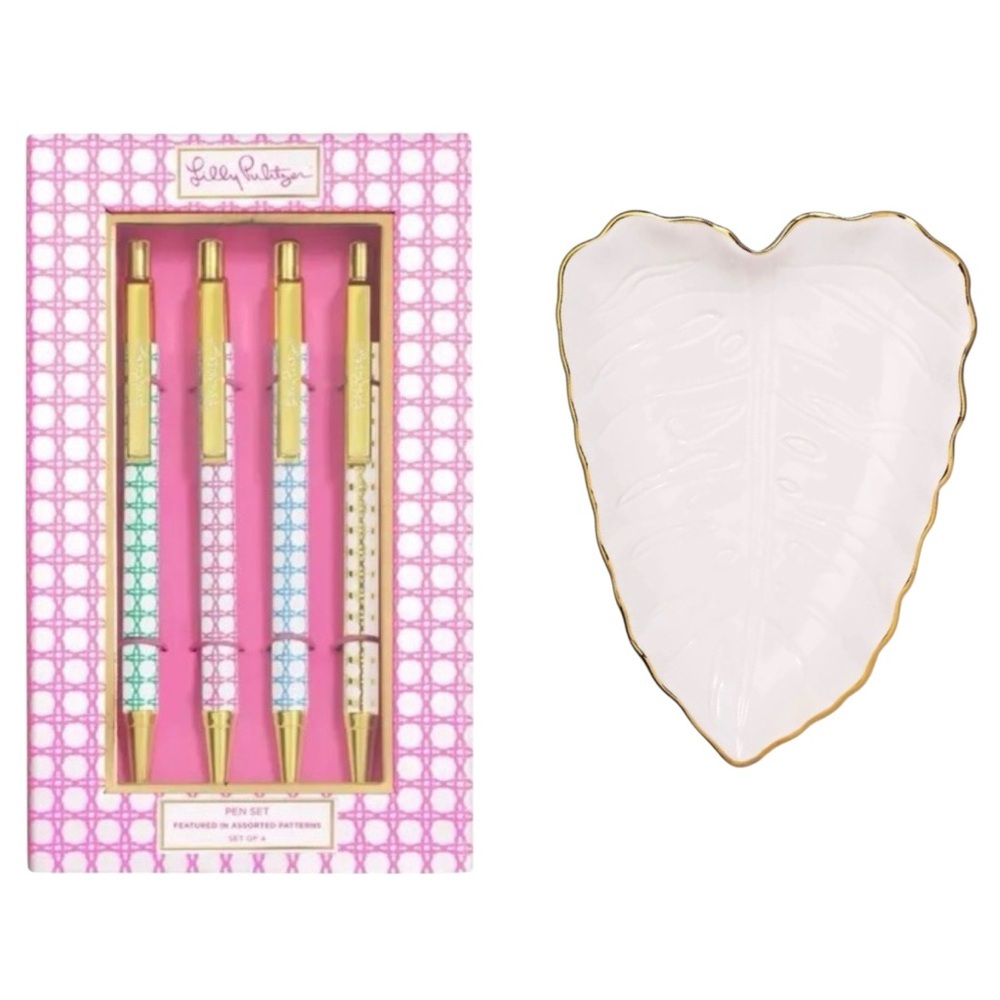 NWT Lilly Pulitzer Bundle Set Leaf Trinket Tray & 4 Pens With Assorted Patterns
